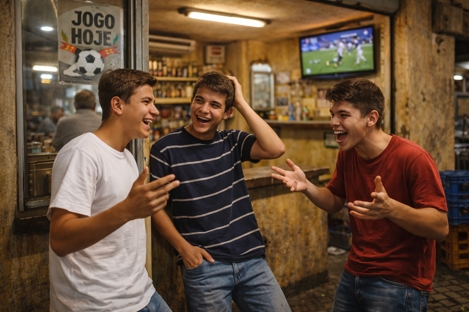 Pai caipira com puçá e filho no quintal ao lado de uma cerca velha, observando um gambá em cena bem-humorada
