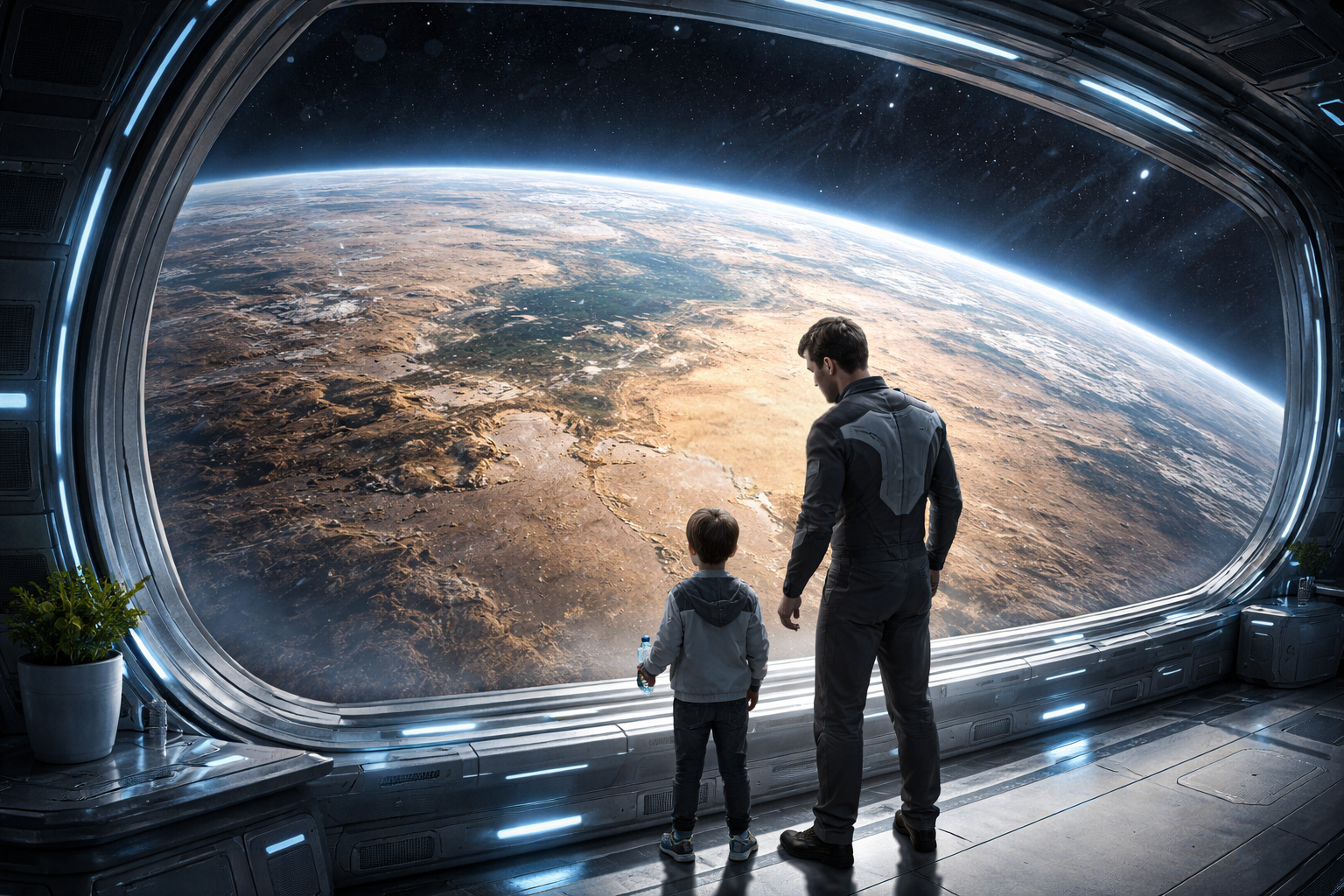 Pai e filho diante de uma grande janela observando um planeta seco em uma estação espacial avançada