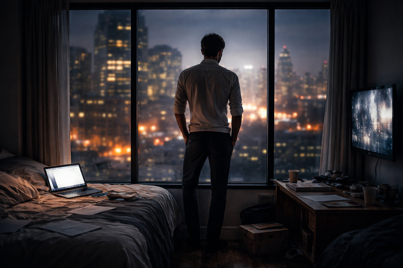 Homem de costas, encostado em uma grande janela, observando uma cidade iluminada à noite em um quarto bagunçado