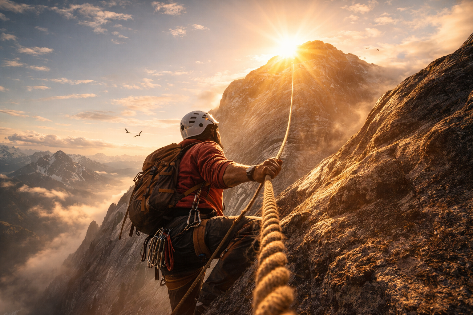 Alpinista visto de baixo para cima, escalando uma montanha com corda esticada em direção ao topo iluminado pelo nascer do sol