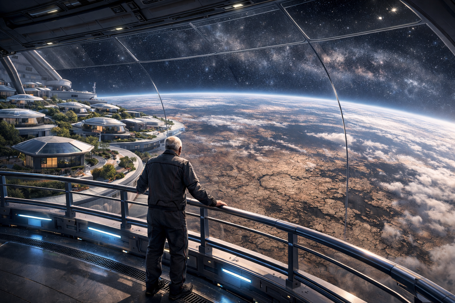 Homem idoso em uma plataforma de observação de uma estação espacial olhando para a Terra devastada