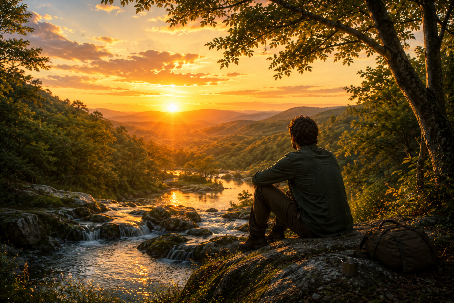 Homem sozinho sentado próximo a um riacho em uma floresta ao entardecer, enquanto a cidade fica para trás